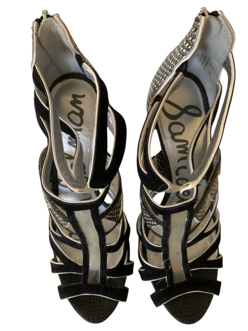 Sz 8.5 Women's Black and Cream Strappy High-Heel Sandals